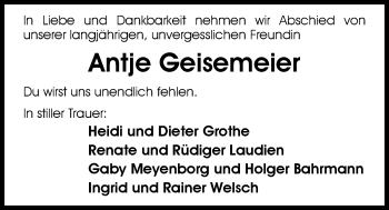 Traueranzeige von Antje Geisemeier von Nordwest-Zeitung