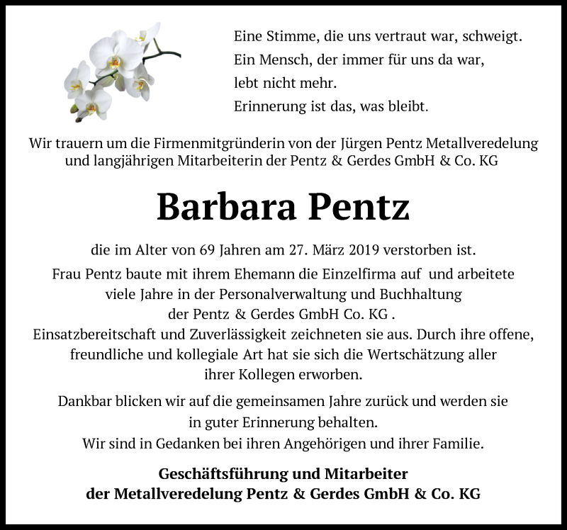  Traueranzeige für Barbara Pentz vom 13.04.2019 aus Nordwest-Zeitung
