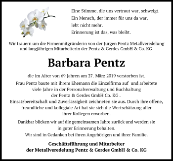 Traueranzeige von Barbara Pentz von Nordwest-Zeitung
