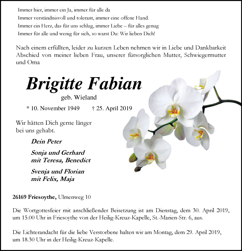  Traueranzeige für Brigitte Fabian vom 27.04.2019 aus Nordwest-Zeitung