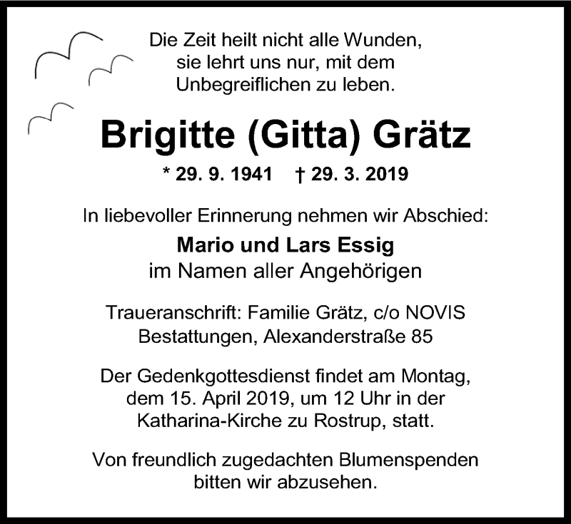  Traueranzeige für Brigitte Grätz vom 09.04.2019 aus Nordwest-Zeitung