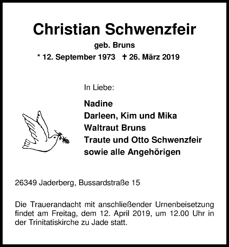  Traueranzeige für Christian Schwenzfeir vom 05.04.2019 aus Nordwest-Zeitung