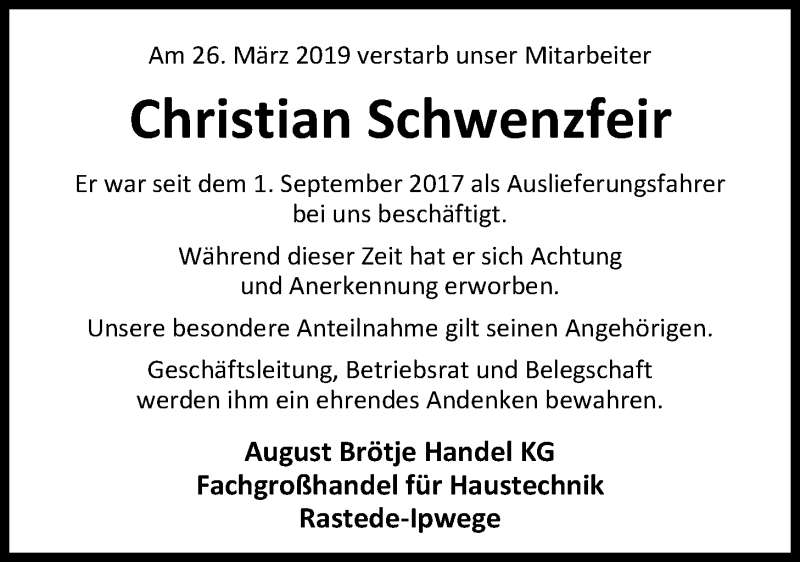  Traueranzeige für Christian Schwenzfeir vom 05.04.2019 aus Nordwest-Zeitung