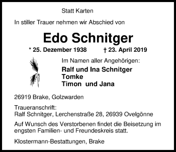 Traueranzeige von Edo Schnitger von Nordwest-Zeitung
