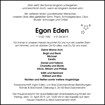 Traueranzeige von Egon Eden von Nordwest-Zeitung