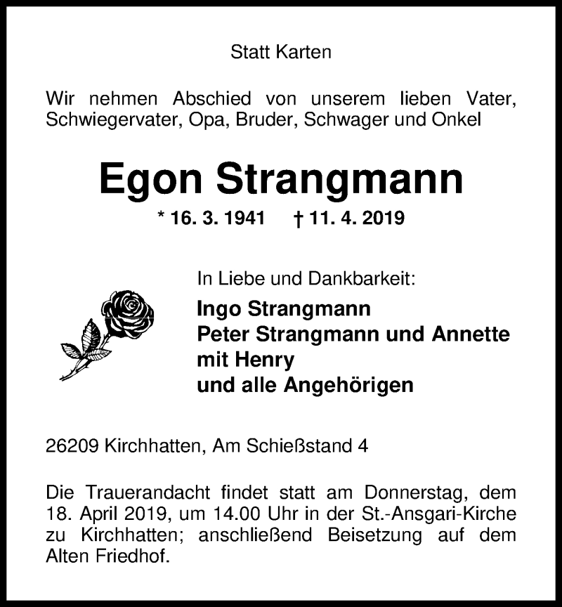  Traueranzeige für Egon  Strangmann vom 15.04.2019 aus Nordwest-Zeitung