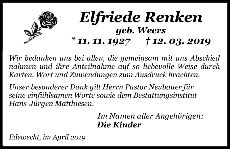  Traueranzeige für Elfriede Renken vom 24.04.2019 aus Nordwest-Zeitung