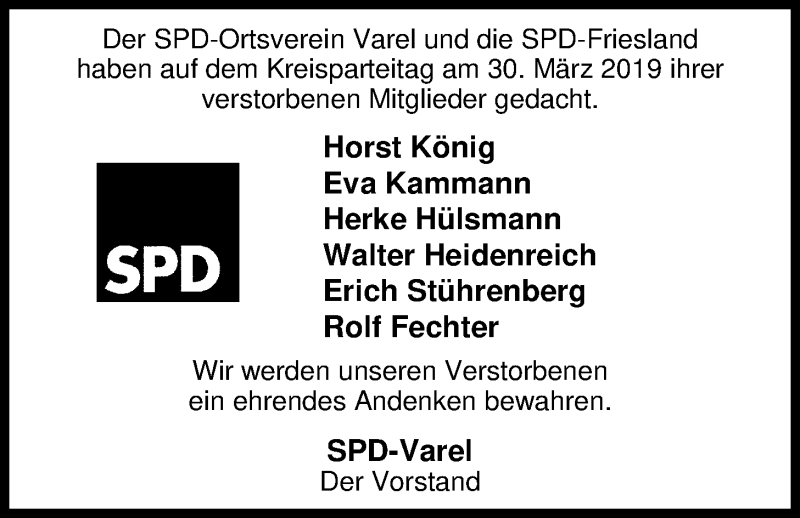  Traueranzeige für Erich Stührenberg vom 05.04.2019 aus Nordwest-Zeitung