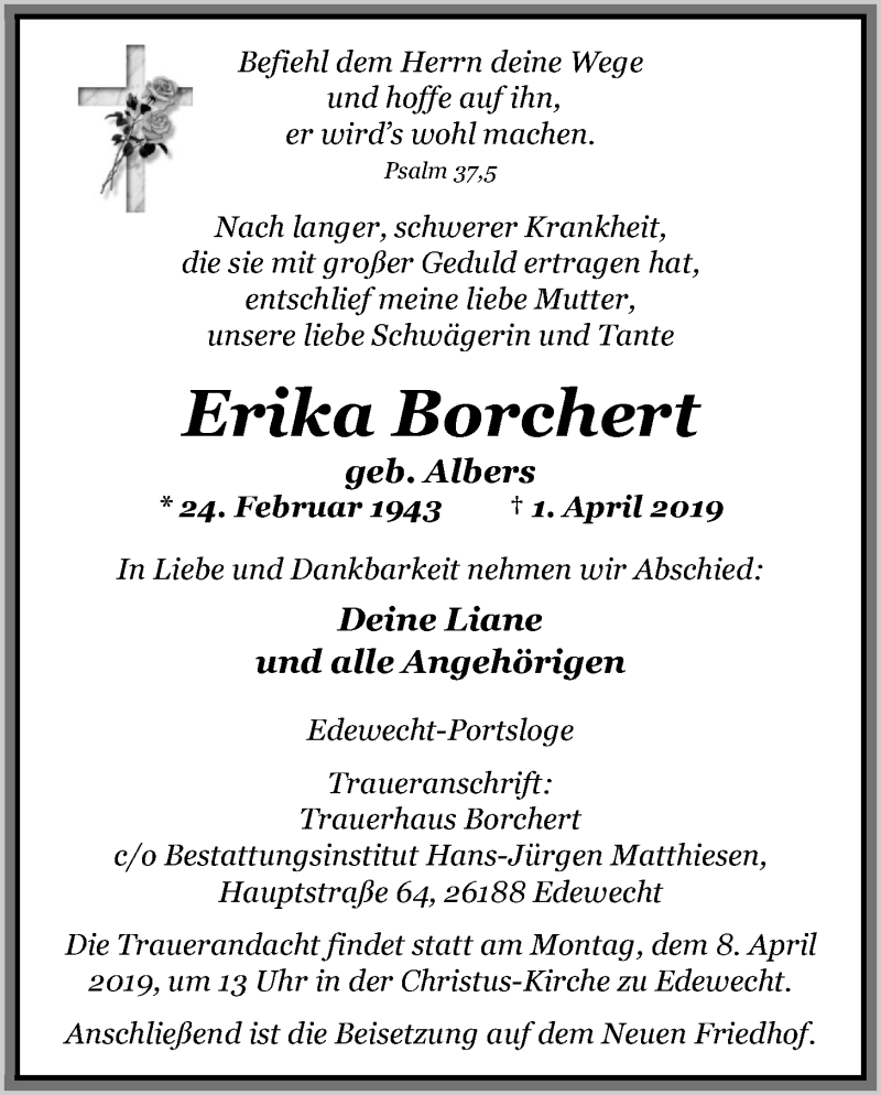  Traueranzeige für Erika Borchert vom 04.04.2019 aus Nordwest-Zeitung