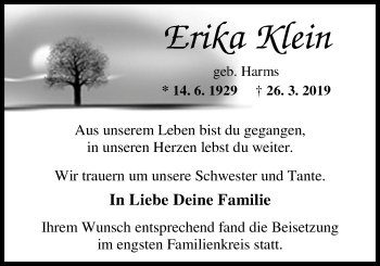 Traueranzeige von Erika Klein von Nordwest-Zeitung