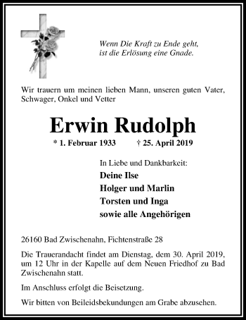 Traueranzeige von Erwin Rudolph von Nordwest-Zeitung