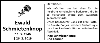 Traueranzeige von Ewald Schmietenknop von Nordwest-Zeitung
