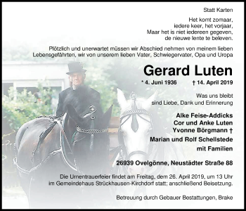 Traueranzeige von Gerard Luten von Nordwest-Zeitung
