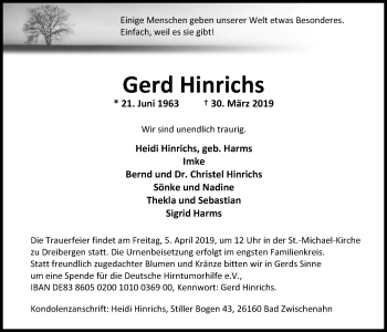 Traueranzeige von Gerd Hinrichs von Nordwest-Zeitung