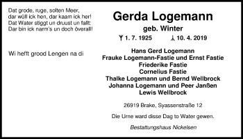 Traueranzeige von Gerda Logemann von Nordwest-Zeitung