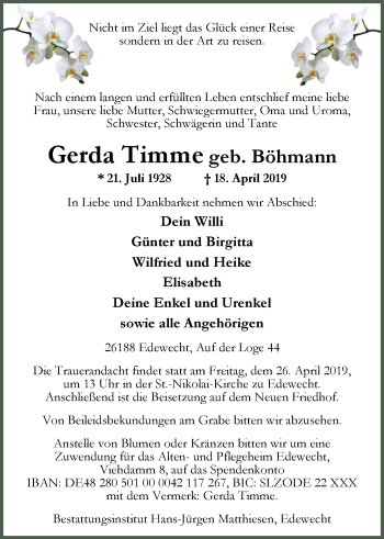 Traueranzeige von Gerda Timme von Nordwest-Zeitung