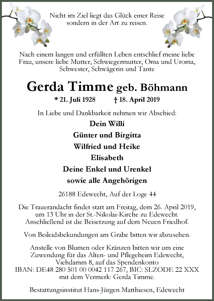  Traueranzeige für Gerda Timme vom 23.04.2019 aus Nordwest-Zeitung