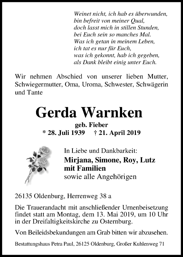  Traueranzeige für Gerda Warnken vom 30.04.2019 aus Nordwest-Zeitung