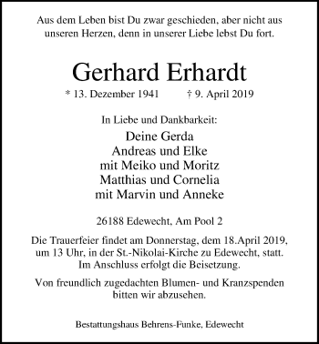 Traueranzeige von Gerhard Erhardt von Nordwest-Zeitung