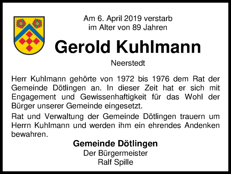  Traueranzeige für Gerold Kuhlmann vom 09.04.2019 aus Nordwest-Zeitung