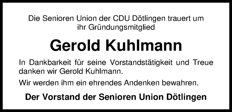  Traueranzeige für Gerold Kuhlmann vom 09.04.2019 aus Nordwest-Zeitung