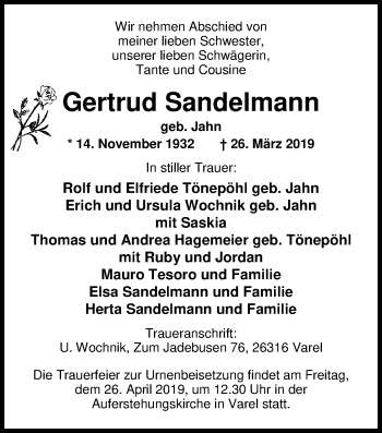 Traueranzeige von Gertrud Sandelmann von Nordwest-Zeitung