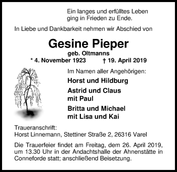 Traueranzeige von Gesine Pieper von Nordwest-Zeitung