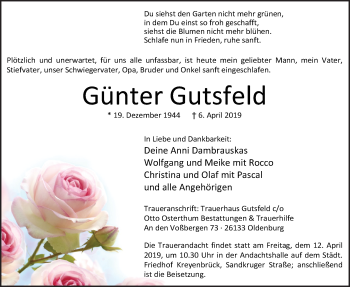 Traueranzeige von Günter Gutsfeld von Nordwest-Zeitung