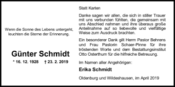 Traueranzeige von Günter Schmidt von Nordwest-Zeitung