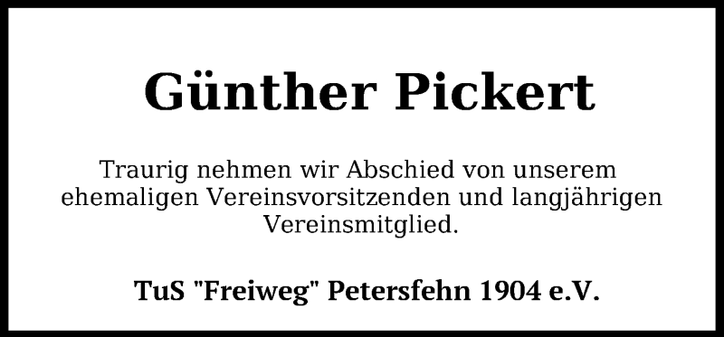  Traueranzeige für Günther Pickert vom 15.04.2019 aus Nordwest-Zeitung