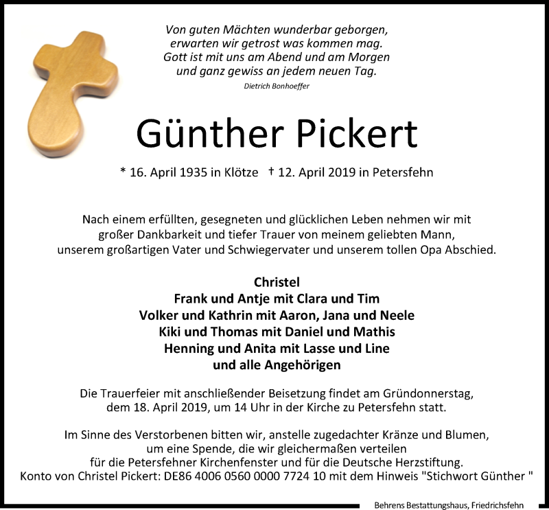  Traueranzeige für Günther Pickert vom 15.04.2019 aus Nordwest-Zeitung