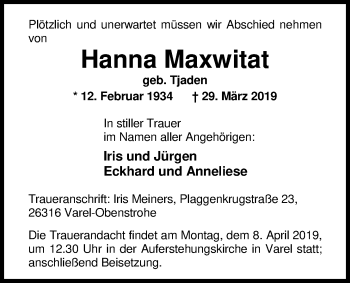 Traueranzeige von Hanna Maxwitat von Nordwest-Zeitung