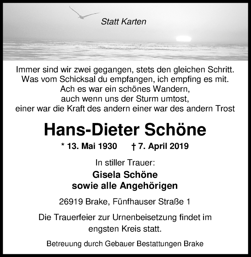 Traueranzeigen Von Hans Dieter Schone Nordwest Trauer De