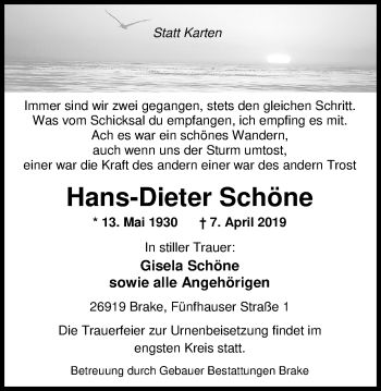 Traueranzeige von Hans-Dieter Schöne von Nordwest-Zeitung
