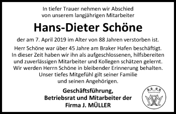 Traueranzeige von Hans-Dieter Schöne von Nordwest-Zeitung