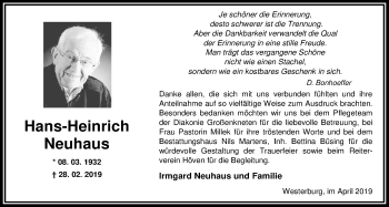Traueranzeige von Hans-Heinrich Neuhaus von Nordwest-Zeitung
