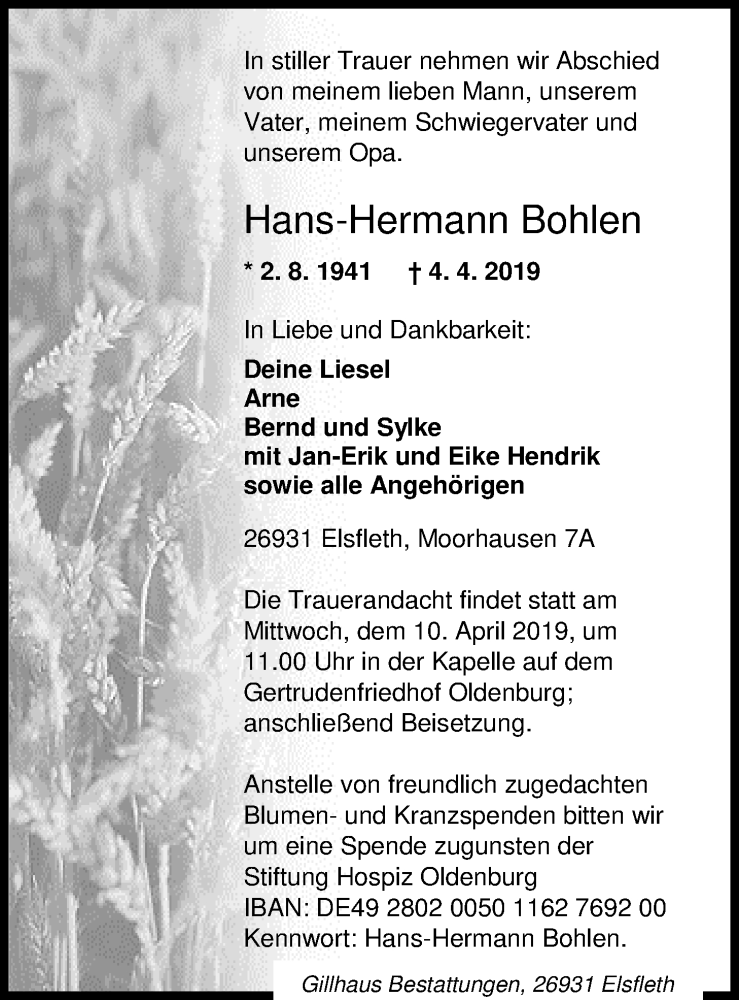  Traueranzeige für Hans-Hermann Bohlen vom 06.04.2019 aus Nordwest-Zeitung