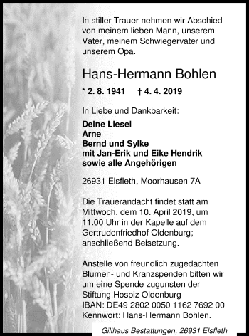 Traueranzeige von Hans-Hermann Bohlen von Nordwest-Zeitung
