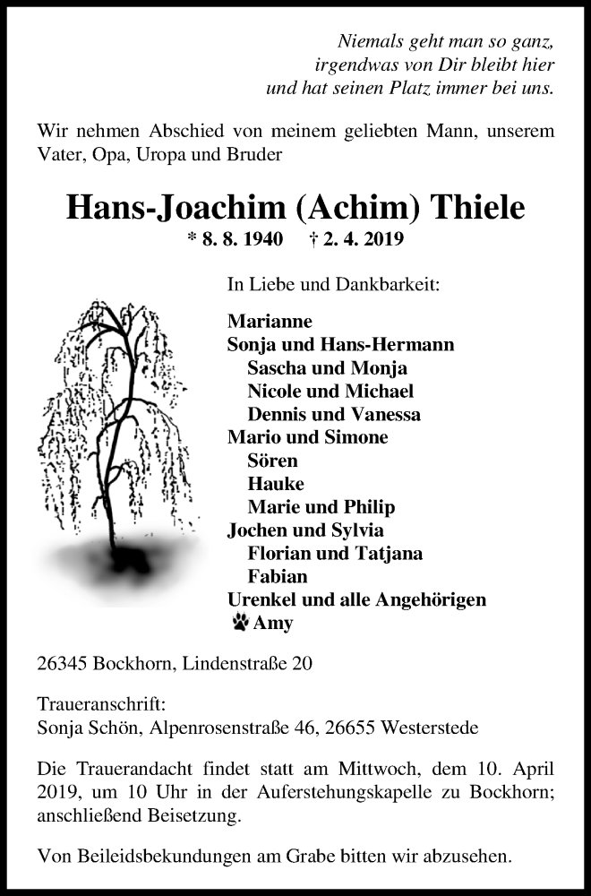  Traueranzeige für Hans-Joachim Thiele vom 05.04.2019 aus Nordwest-Zeitung