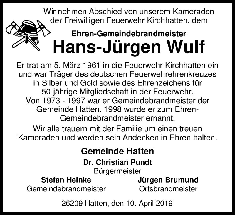  Traueranzeige für Hans-Jürgen Wulf vom 11.04.2019 aus Nordwest-Zeitung