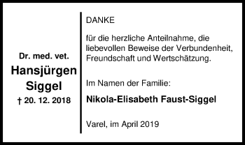 Traueranzeige von Hansjürgen Siggel von Nordwest-Zeitung