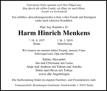 Traueranzeige von Harm Hinrich Menkens von Nordwest-Zeitung