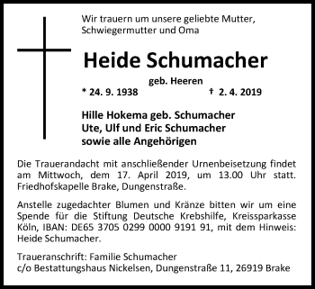 Traueranzeige von Heide Schumacher von Nordwest-Zeitung