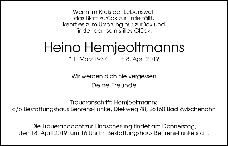  Traueranzeige für Heino Hemjeoltmanns vom 16.04.2019 aus Nordwest-Zeitung