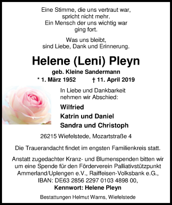 Traueranzeige von Helene Pleyn von Nordwest-Zeitung