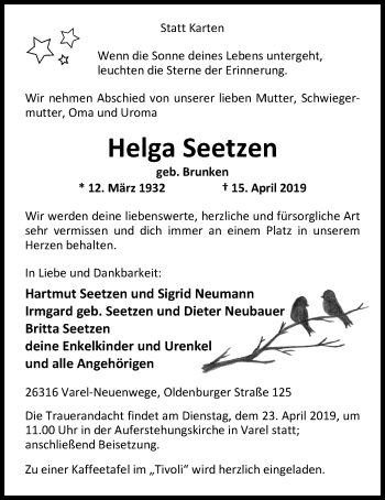 Traueranzeige von Helga Seetzen von Nordwest-Zeitung