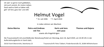 Traueranzeige von Helmut Vogel von Nordwest-Zeitung
