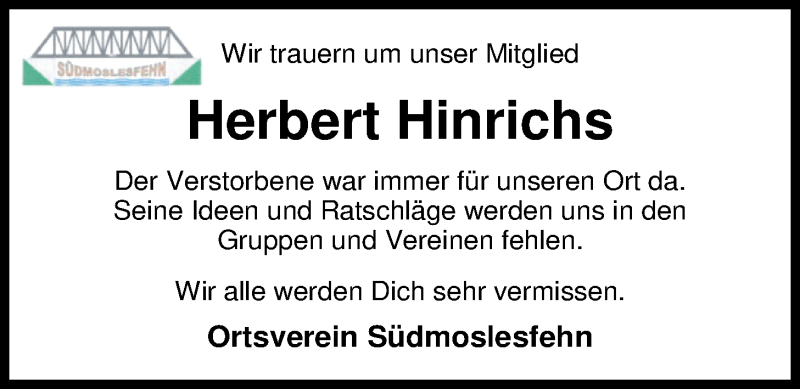  Traueranzeige für Herbert Hinrichs vom 26.04.2019 aus Nordwest-Zeitung