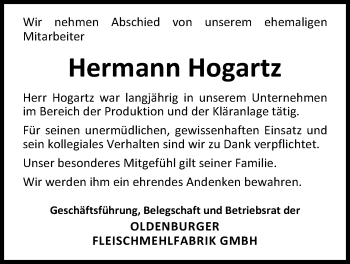 Traueranzeige von Hermann Hogartz von Nordwest-Zeitung