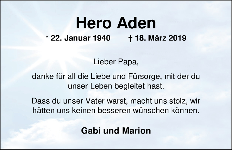  Traueranzeige für Hero Aden vom 09.04.2019 aus Nordwest-Zeitung
